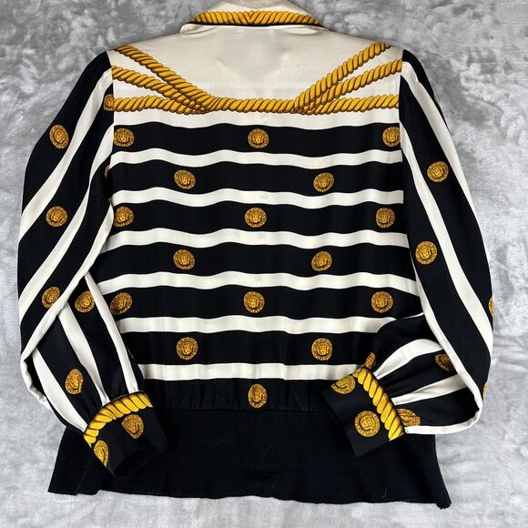 Vtg Francesca of Damon Silk Blouse Women's 4 White Black Stripe Coin Rope (0952) - Picture 6 of 11